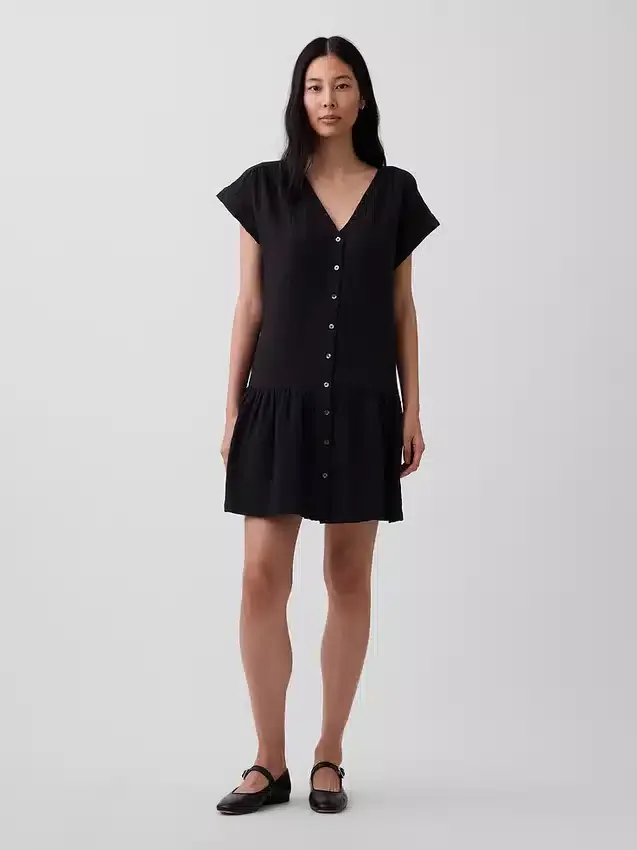 Abito camicia in garza di cotone con vita bassa