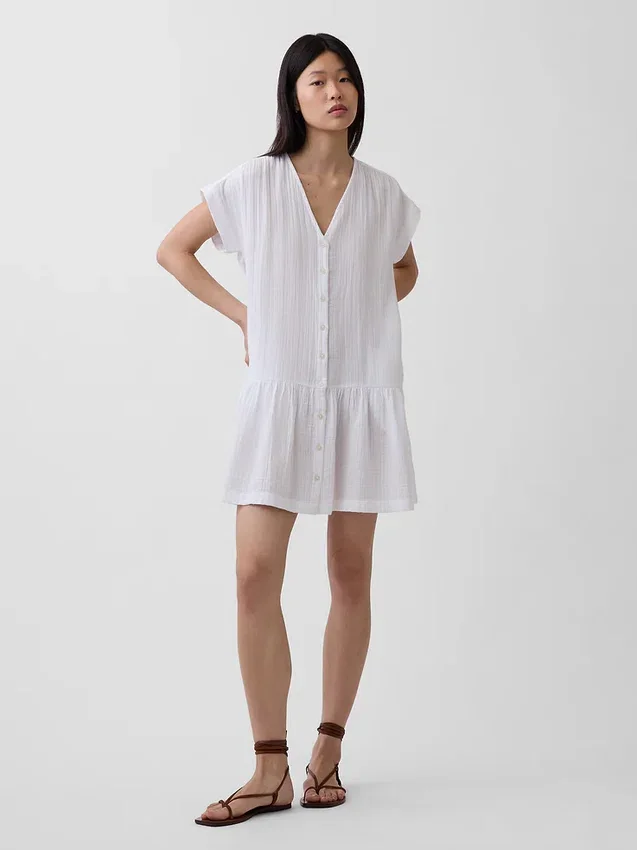 Abito camicia in garza di cotone con vita bassa