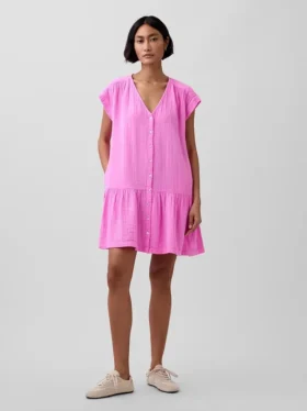 Abito camicia in garza di cotone con vita bassa