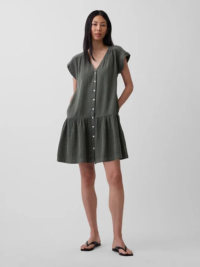 Abito camicia in garza di cotone con vita bassa