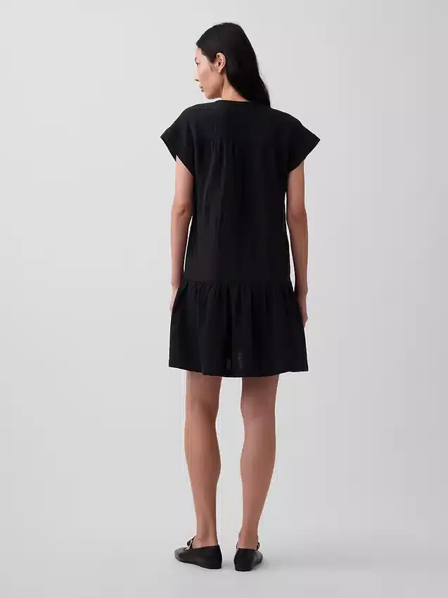 Abito camicia in garza di cotone con vita bassa