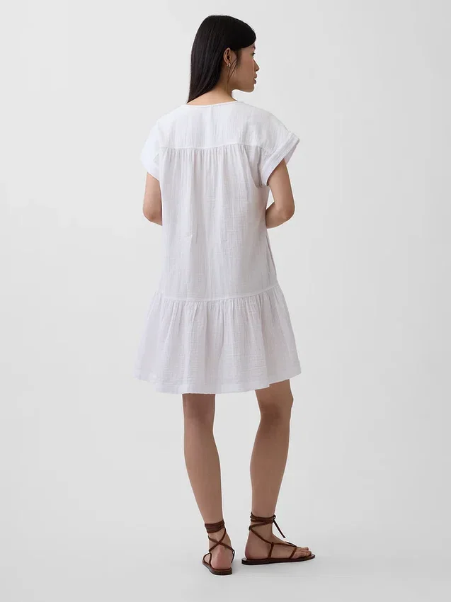 Abito camicia in garza di cotone con vita bassa