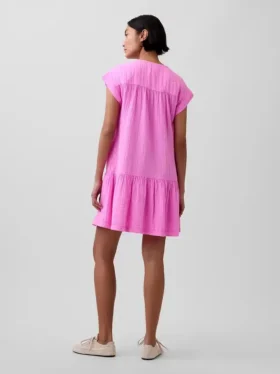 Abito camicia in garza di cotone con vita bassa