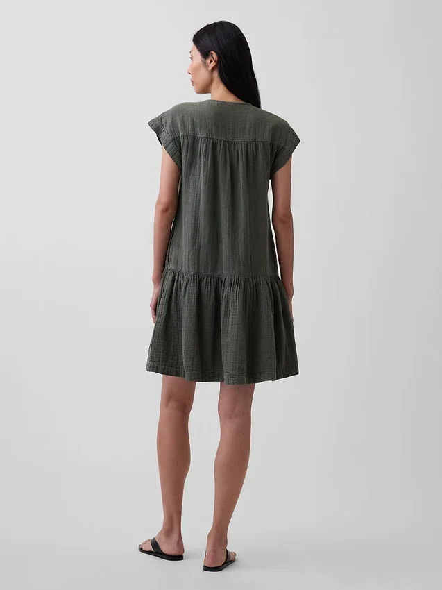 Abito camicia in garza di cotone con vita bassa