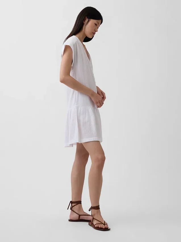 Abito camicia in garza di cotone con vita bassa