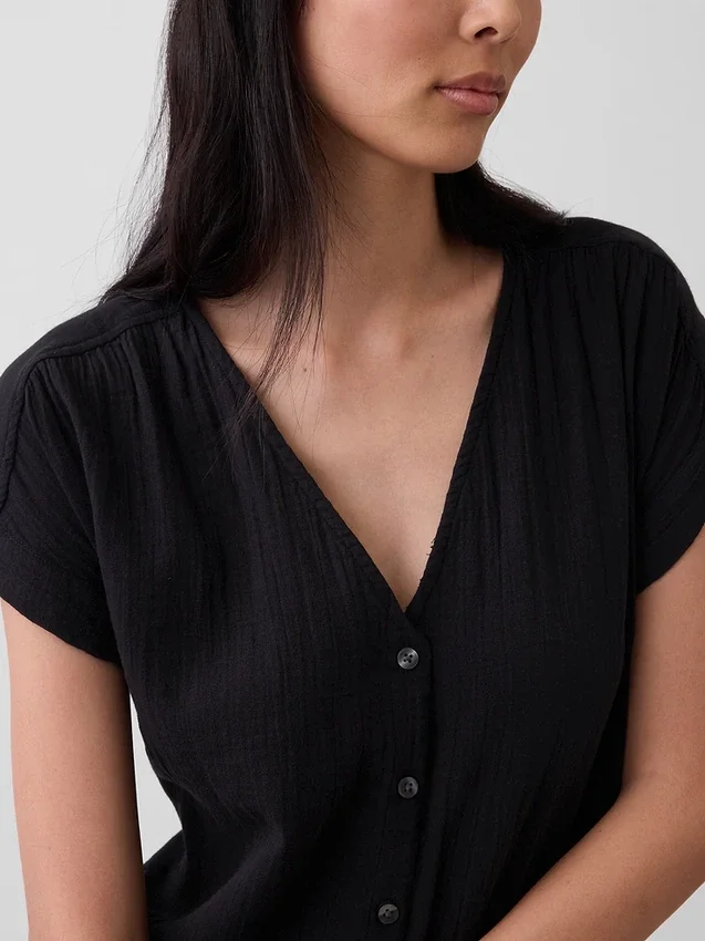 Abito camicia in garza di cotone con vita bassa