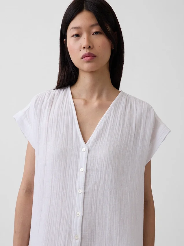 Abito camicia in garza di cotone con vita bassa