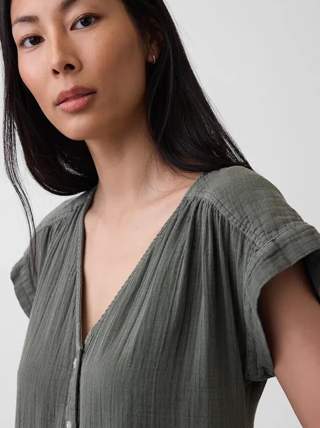 Abito camicia in garza di cotone con vita bassa