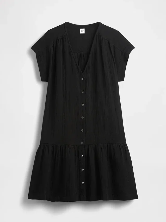 Abito camicia in garza di cotone con vita bassa