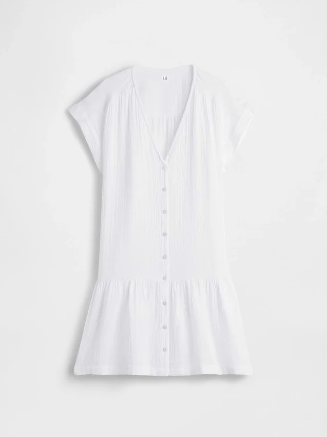 Abito camicia in garza di cotone con vita bassa