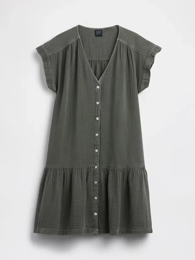 Abito camicia in garza di cotone con vita bassa