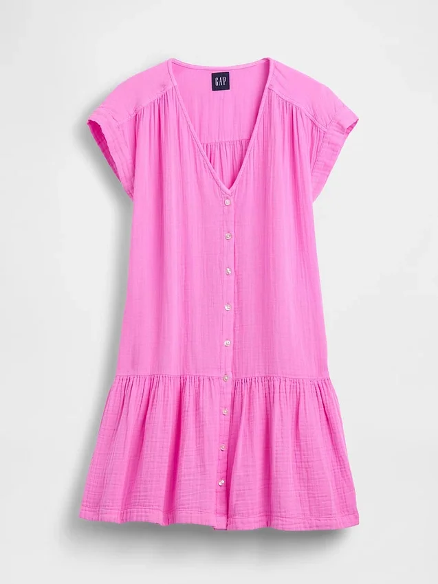Abito camicia in garza di cotone con vita bassa