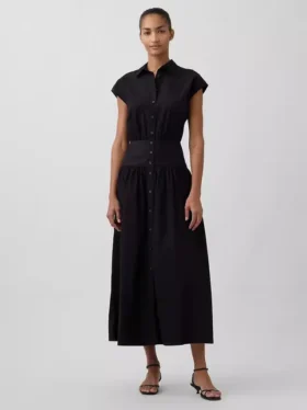 Abito-camicia lungo in popeline a vita bassa