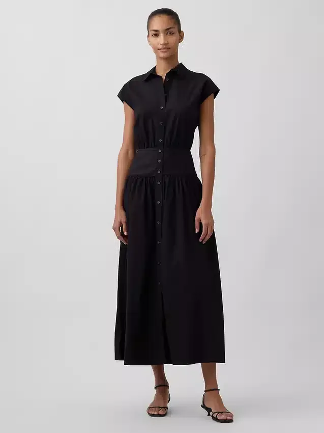Abito-camicia lungo in popeline a vita bassa