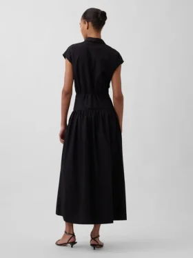 Abito-camicia lungo in popeline a vita bassa