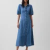 Abito camicia midi in denim con maniche a sbuffo