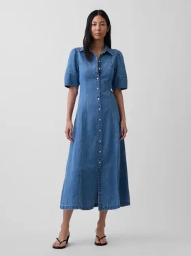 Abito camicia midi in denim con maniche a sbuffo