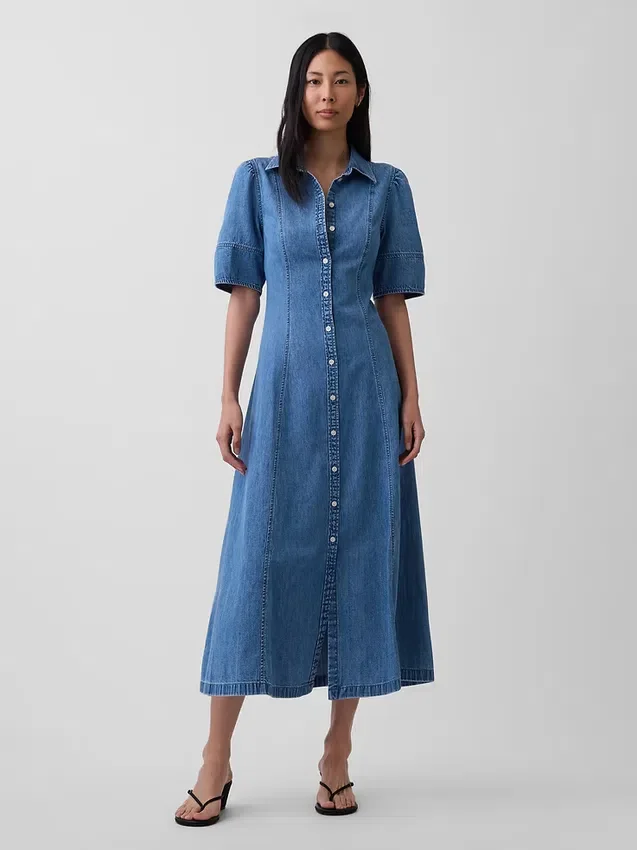 Abito camicia midi in denim con maniche a sbuffo
