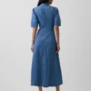 Abito camicia midi in denim con maniche a sbuffo