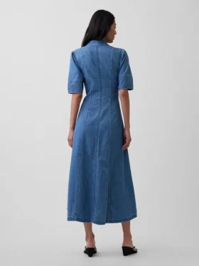 Abito camicia midi in denim con maniche a sbuffo