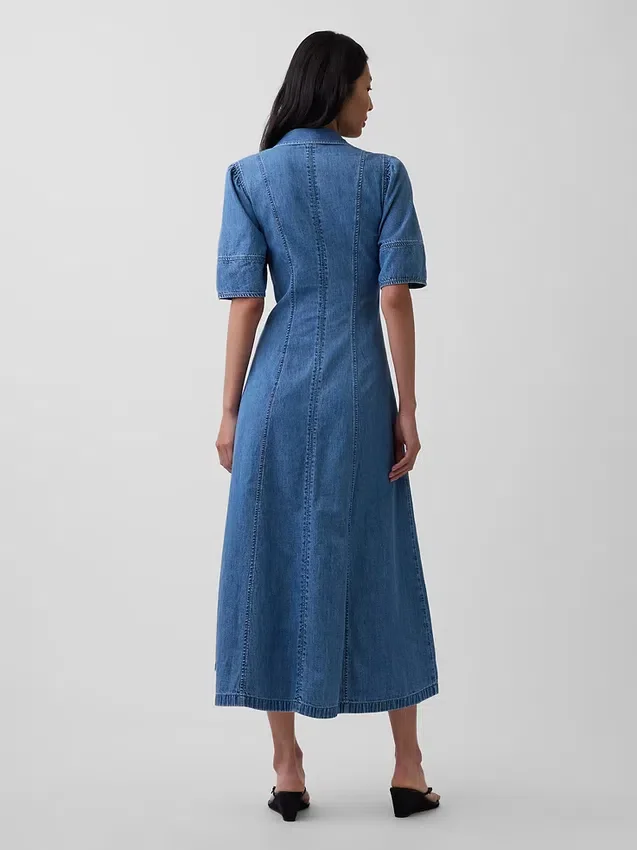 Abito camicia midi in denim con maniche a sbuffo