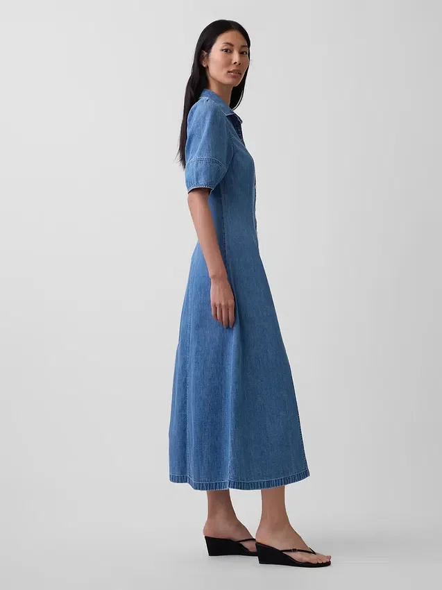 Abito camicia midi in denim con maniche a sbuffo