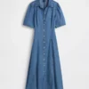 Abito camicia midi in denim con maniche a sbuffo