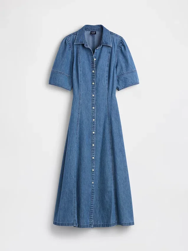 Abito camicia midi in denim con maniche a sbuffo