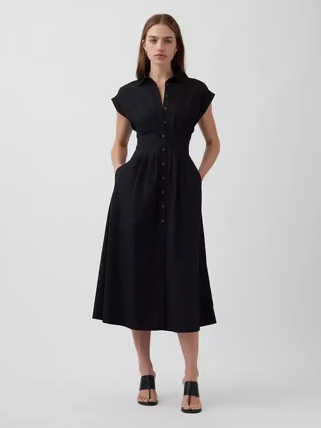 Abito camicia midi in popeline con vita stretta