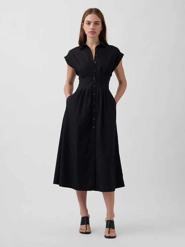 Abito camicia midi in popeline con vita stretta