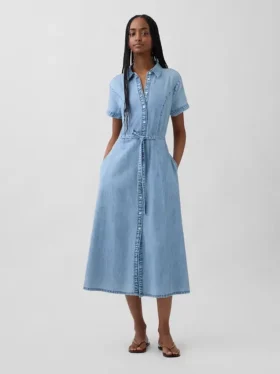Abito chemisier midi in denim con cintura da annodare