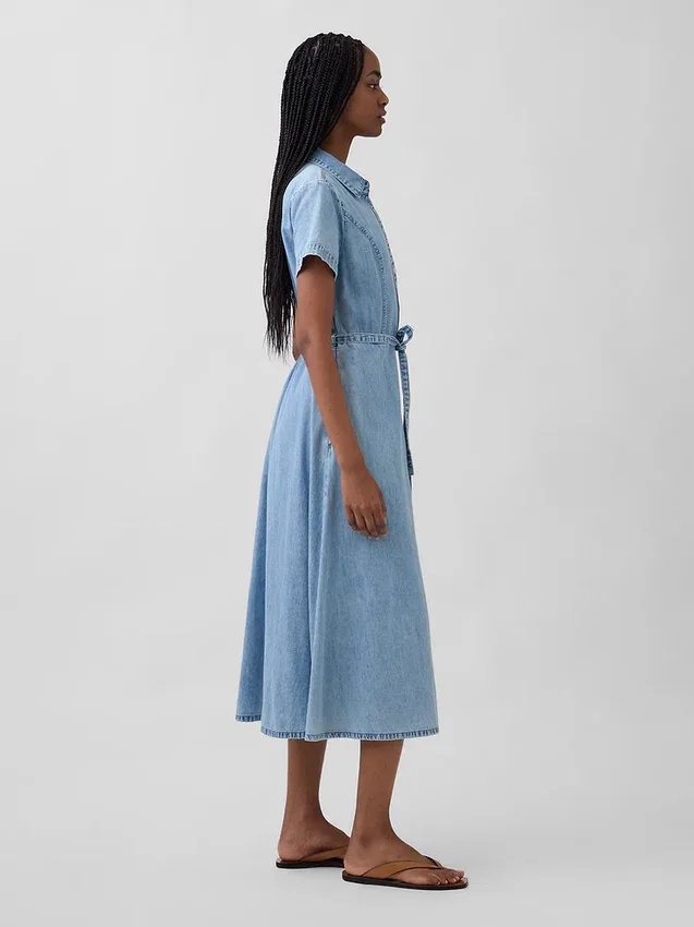 Abito chemisier midi in denim con cintura da annodare