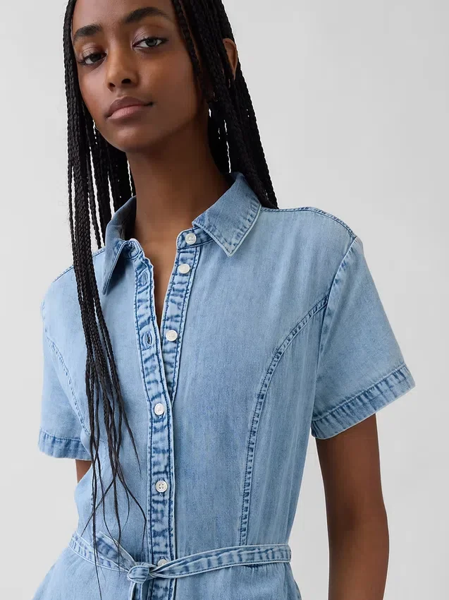 Abito chemisier midi in denim con cintura da annodare