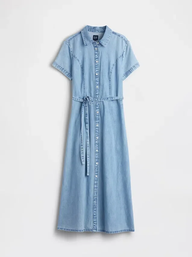 Abito chemisier midi in denim con cintura da annodare