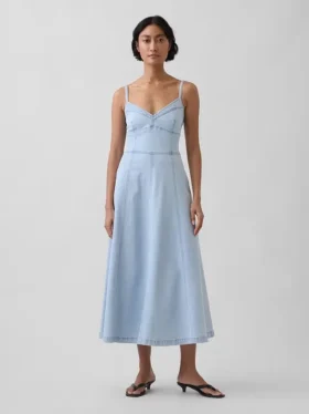 Abito lungo a corsetto con cuciture in denim
