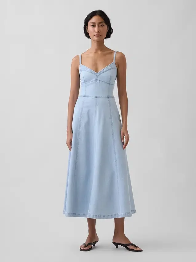 Abito lungo a corsetto con cuciture in denim