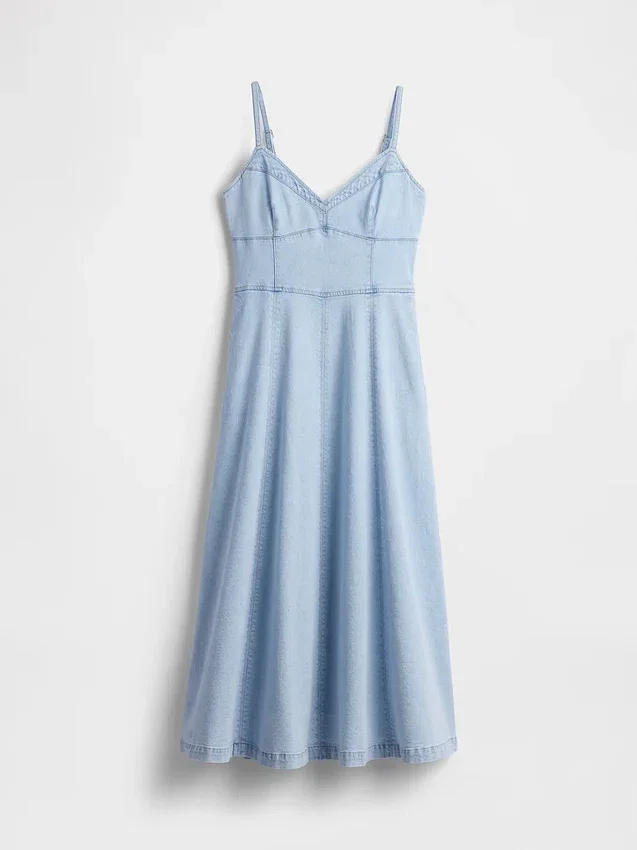 Abito lungo a corsetto con cuciture in denim