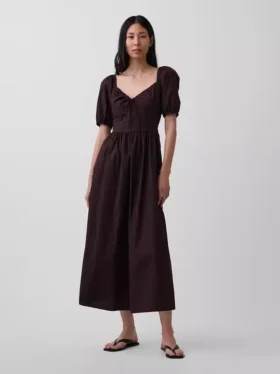 Abito lungo a corsetto con maniche a sbuffo