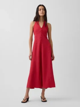 Abito lungo con scollo all’americana in misto lino