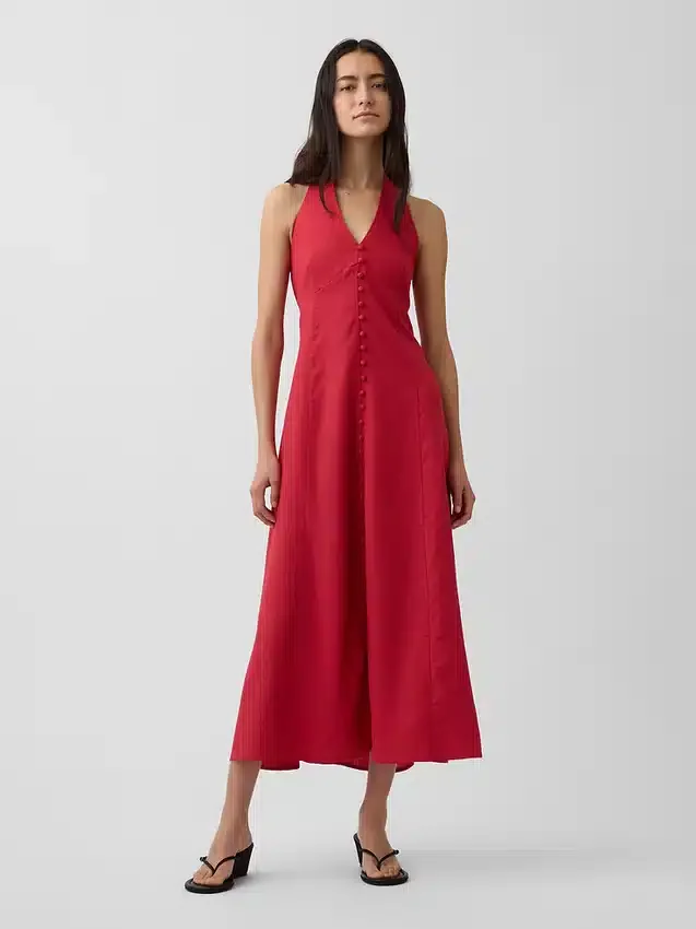 Abito lungo con scollo all’americana in misto lino