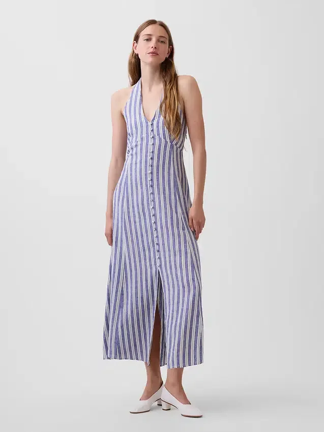 Abito lungo con scollo all’americana in misto lino