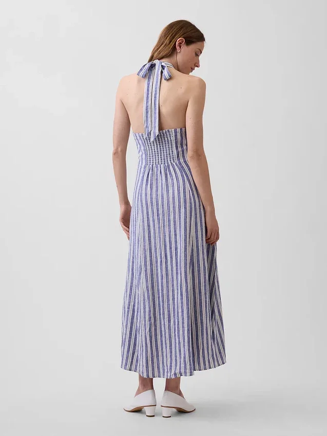 Abito lungo con scollo all’americana in misto lino