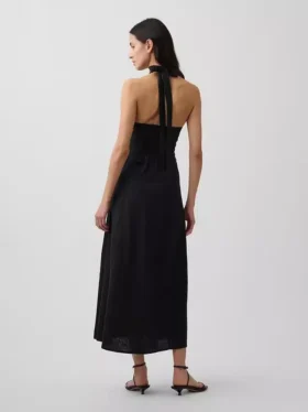 Abito lungo con scollo all’americana in misto lino