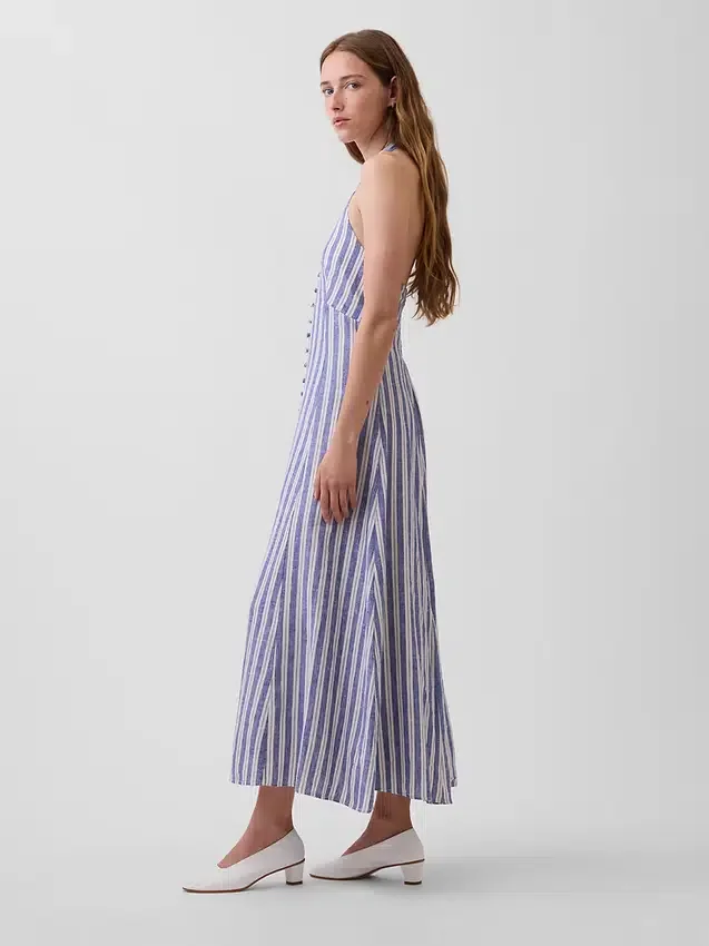 Abito lungo con scollo all’americana in misto lino
