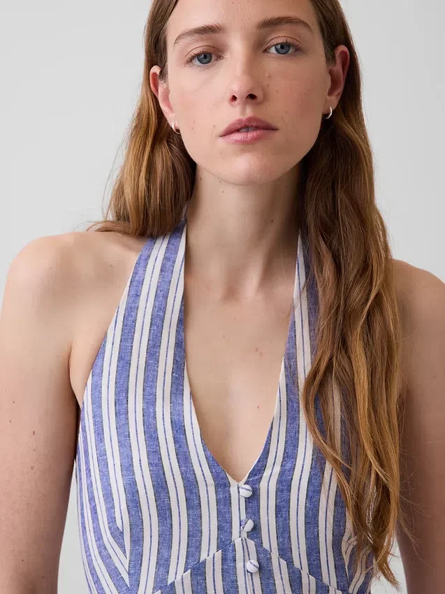 Abito lungo con scollo all’americana in misto lino