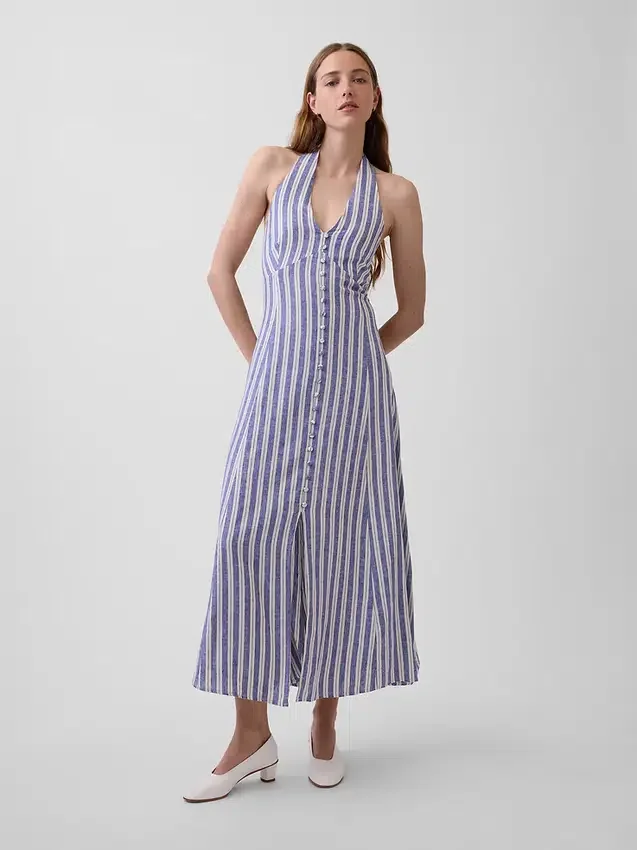 Abito lungo con scollo all’americana in misto lino