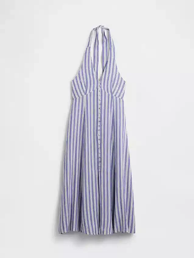 Abito lungo con scollo all’americana in misto lino
