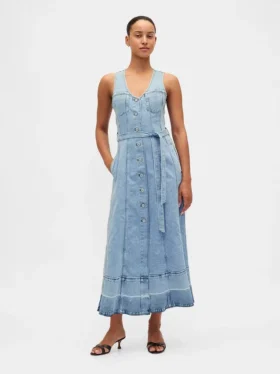 Abito lungo in denim con cintura da annodare e abbottonatura frontale