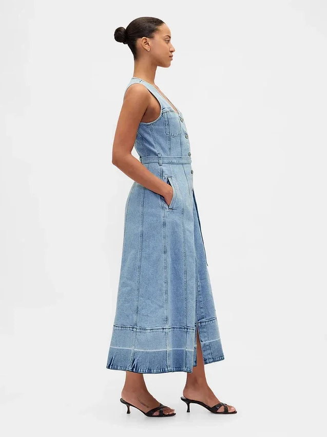 Abito lungo in denim con cintura da annodare e abbottonatura frontale