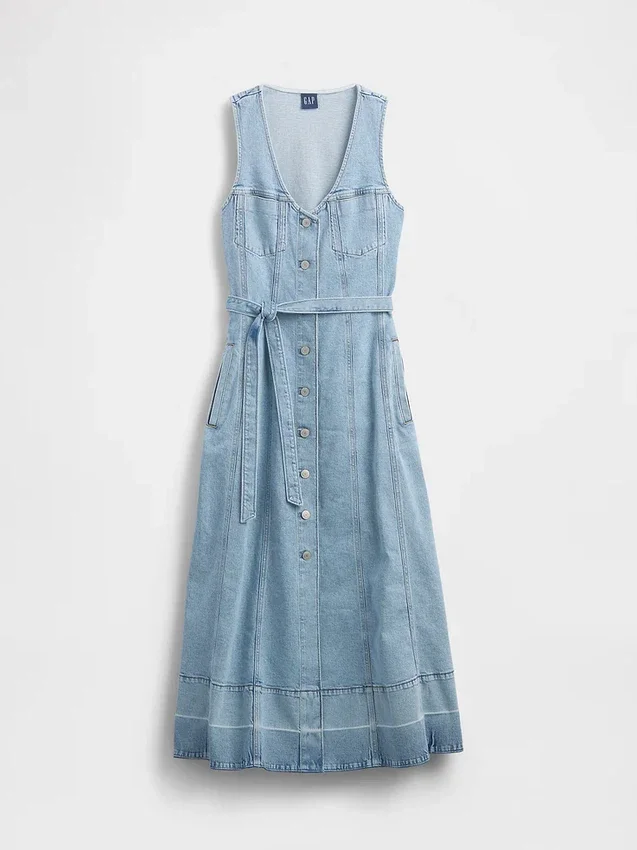 Abito lungo in denim con cintura da annodare e abbottonatura frontale